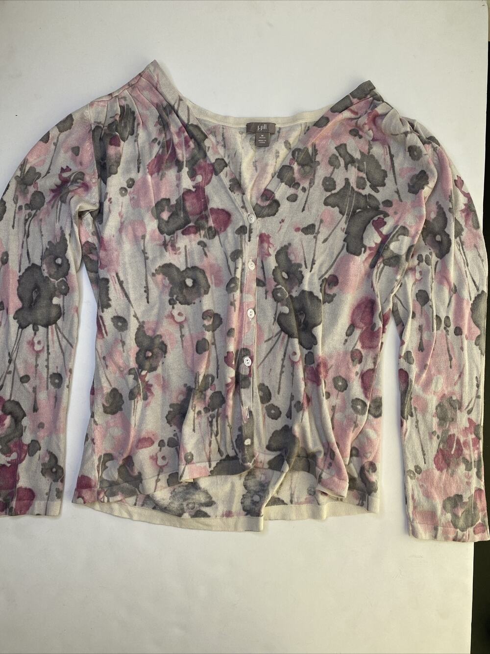 J. Jill Shirt Women Small Petite Gray Pink Floral Button Up Long Sleeve Rayon